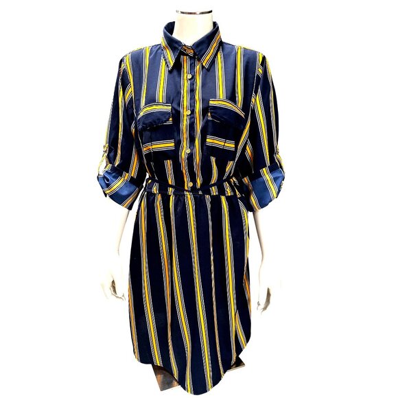 MPH Collection PL Navy Mustard Vertical Stripe Collared Button Front Shirt Dress - Picture 2 of 8